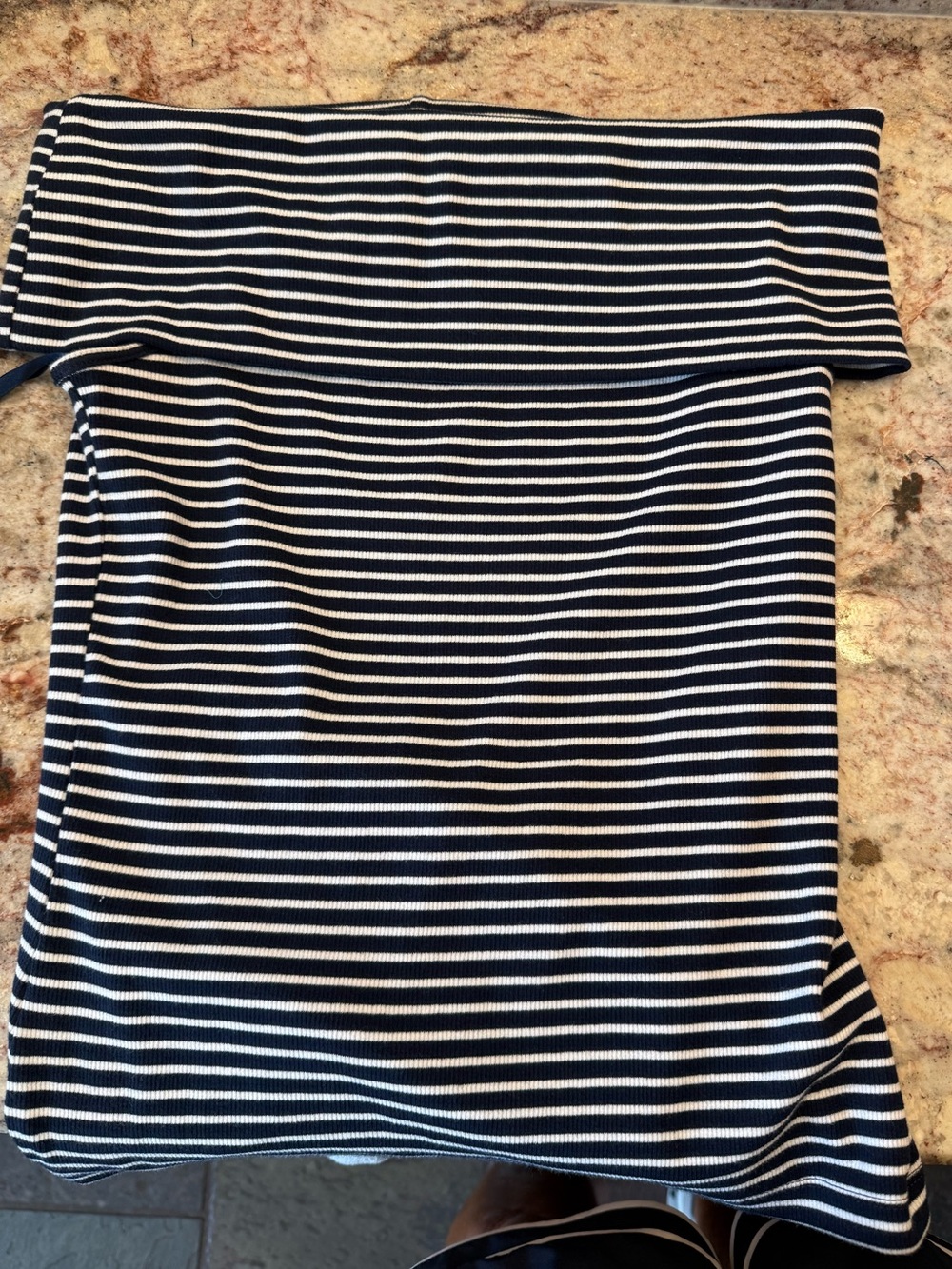 Loft M Navy & White Striped off shoulder top with stretch